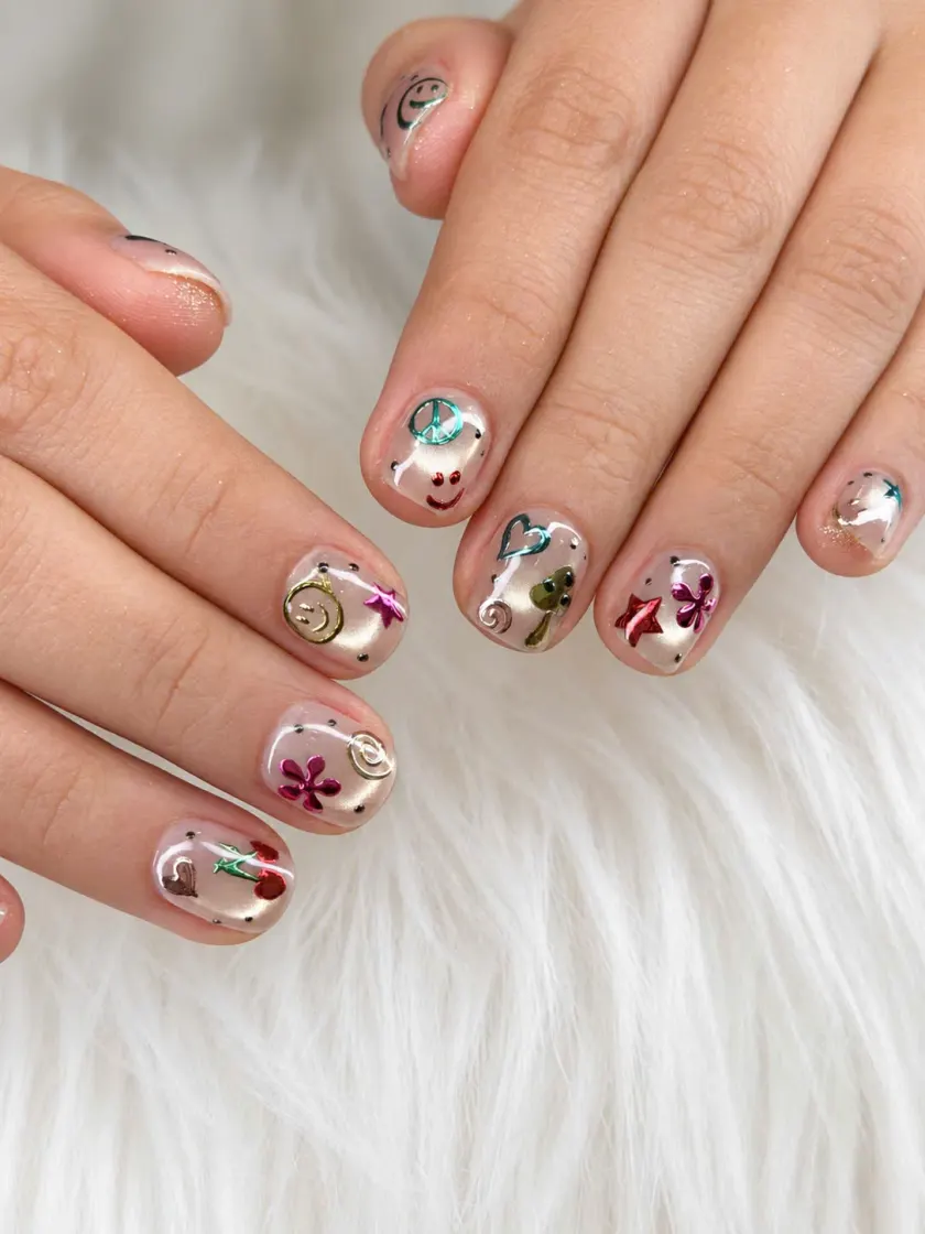 Clear nail art with tiny floral and jewel-like accents