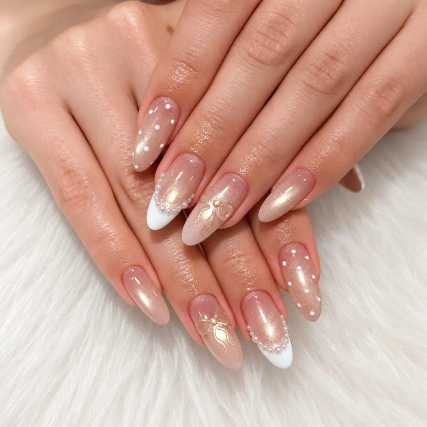 Pearly French tips with delicate raised details by Joie Nails & Beauty, Auckland CBD